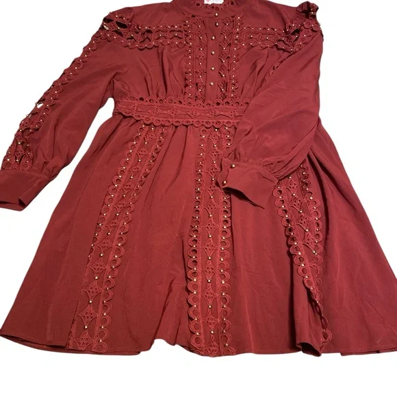 L'ATISTE Deep Red Lace Long Sleeve gold studded Dress - Picture 3 of 8